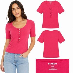 Old Navy Womens MEDIUM Pink SS 6 Button Ruffle Top